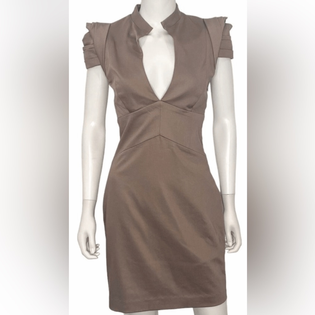 Black Halo Hanna Dress Deep V Neck Fitted Mini Pleated Sleeve Walnut Size 0